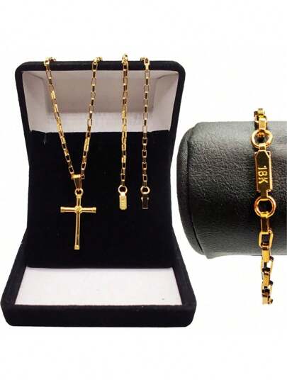 Compre 1 Leve 3 - Corrente Masculina Cordão 60cm Tijolinho Com Pingente Crucifixo e Pulseira Tijolinho Banho de Ouro 18K