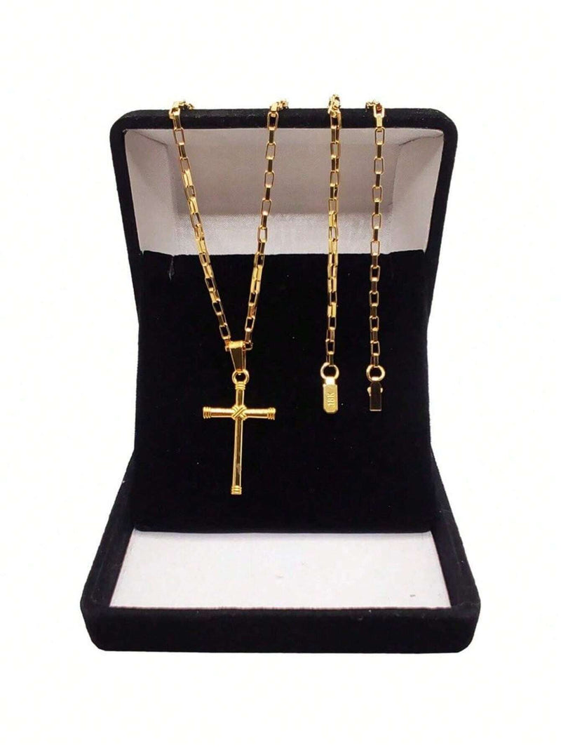 Compre 1 Leve 3 - Corrente Masculina Cordão 60cm Tijolinho Com Pingente Crucifixo e Pulseira Tijolinho Banho de Ouro 18K