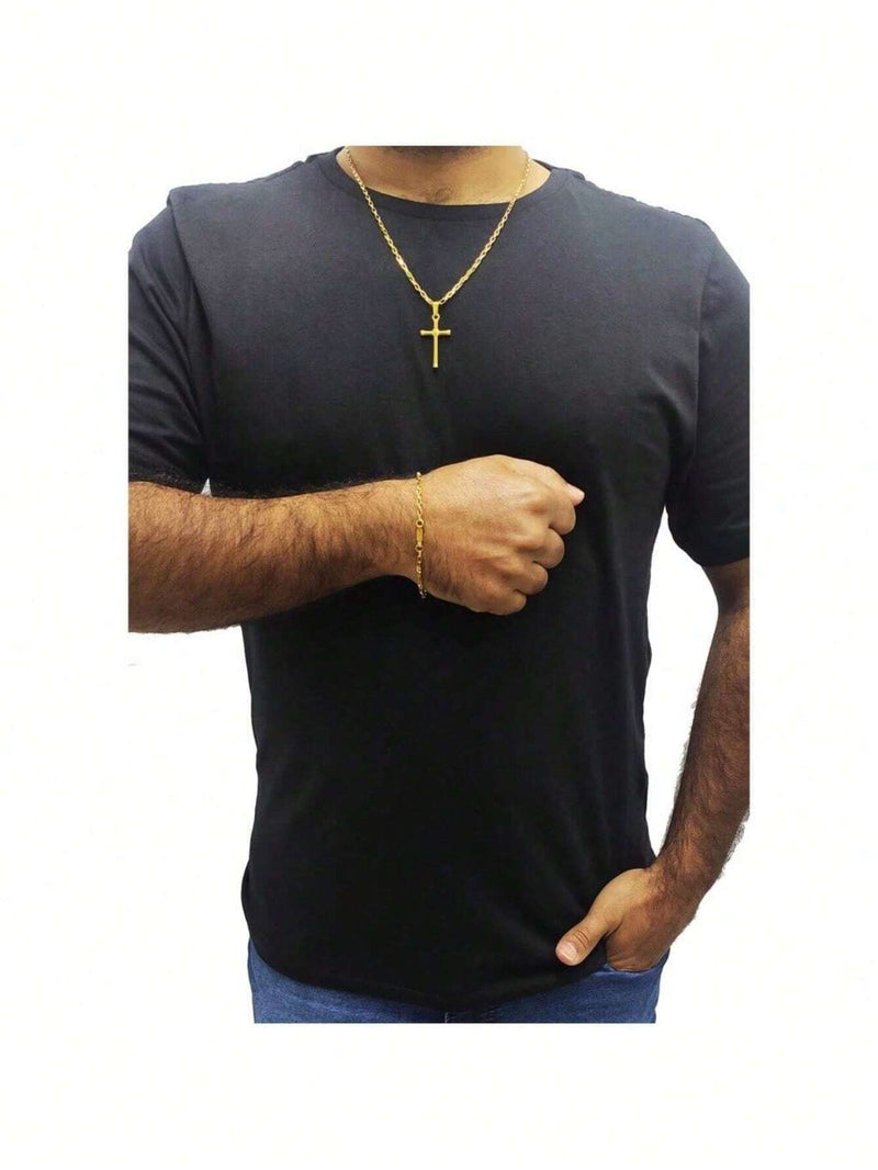 Compre 1 Leve 3 - Corrente Masculina Cordão 60cm Tijolinho Com Pingente Crucifixo e Pulseira Tijolinho Banho de Ouro 18K