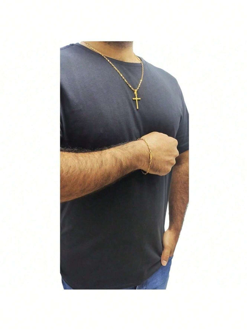 Compre 1 Leve 3 - Corrente Masculina Cordão 60cm Tijolinho Com Pingente Crucifixo e Pulseira Tijolinho Banho de Ouro 18K