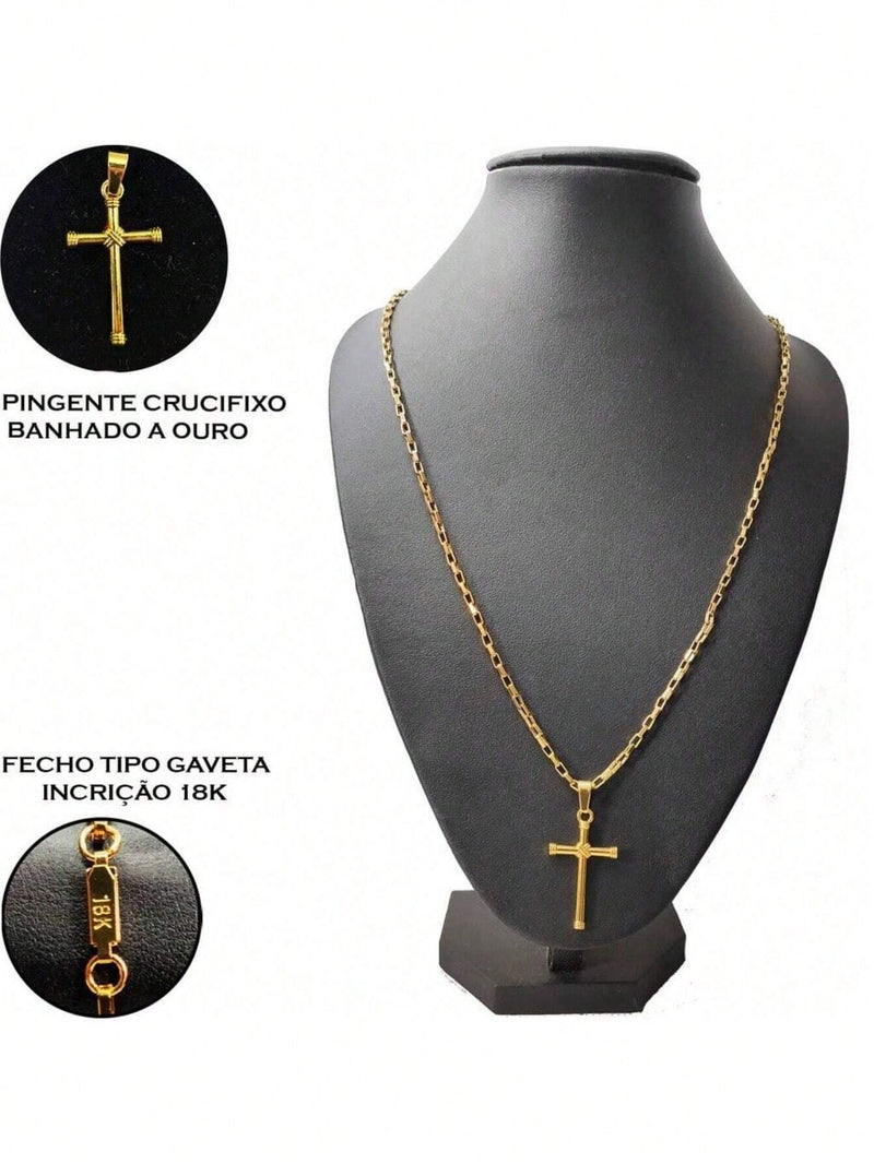 Compre 1 Leve 3 - Corrente Masculina Cordão 60cm Tijolinho Com Pingente Crucifixo e Pulseira Tijolinho Banho de Ouro 18K