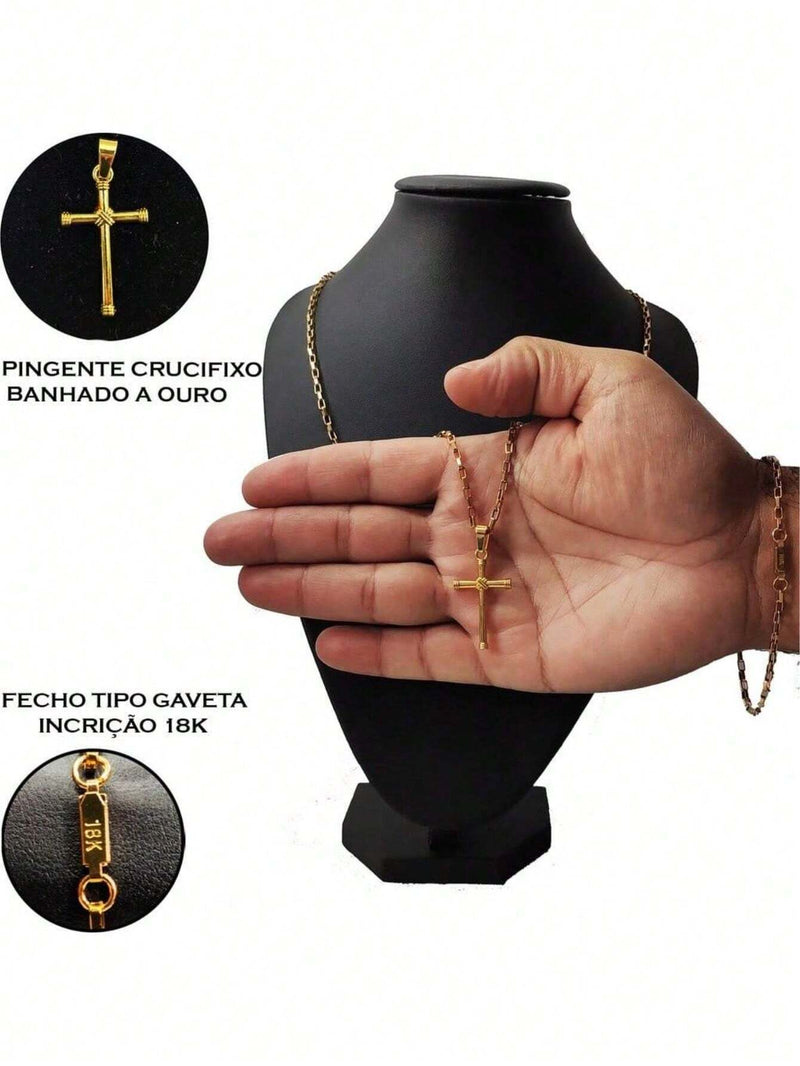 Compre 1 Leve 3 - Corrente Masculina Cordão 60cm Tijolinho Com Pingente Crucifixo e Pulseira Tijolinho Banho de Ouro 18K